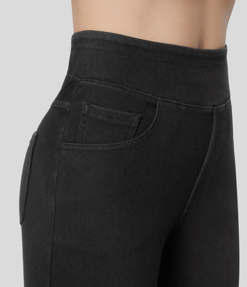 Magic High Waisted Multiple Pockets Wide Leg Stretchy Knit Casual Thermal Jeans