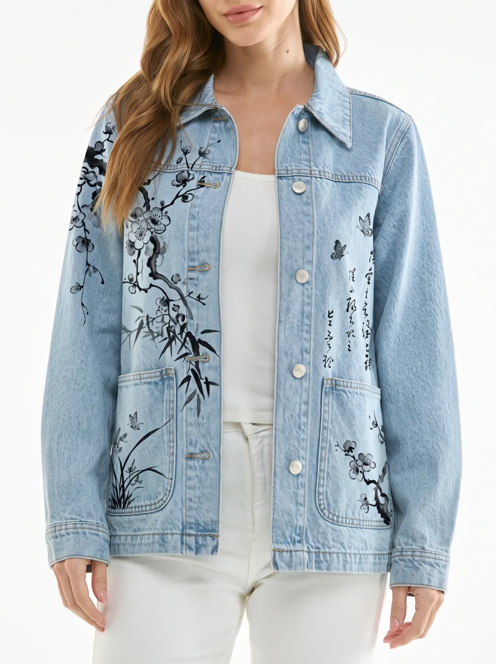 Women's Asian Floral Butterfly Ink Wash Printed Denim Jacket