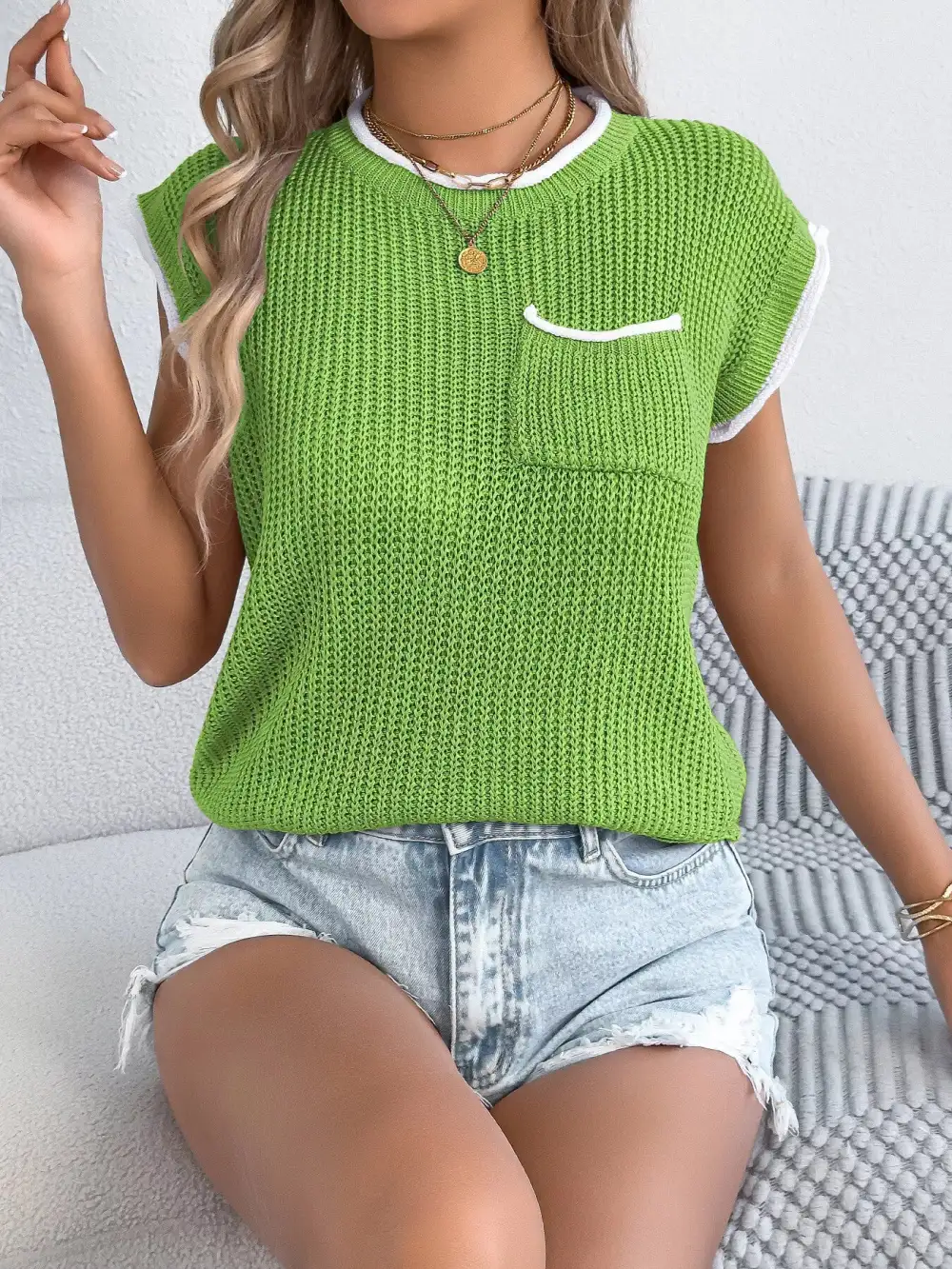 Contrast Trim Round Neck Cap Sleeve Sweater