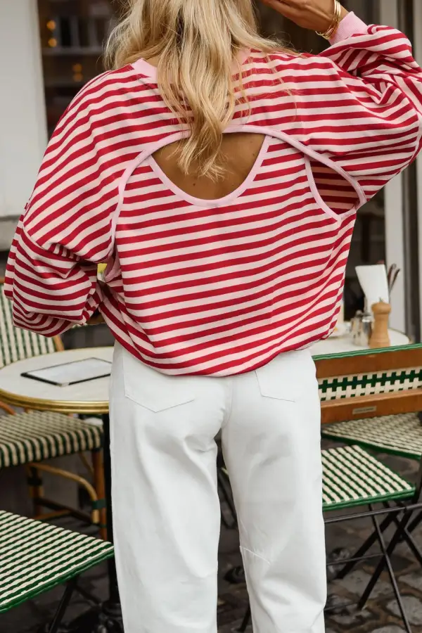 Striped Open Back Relaxed Long Sleeve Top