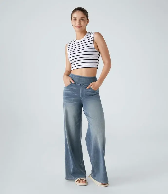 2026🔥  High Waisted Multiple Pockets Baggy Wide Leg Washed Stretchy Knit Casual Jeans