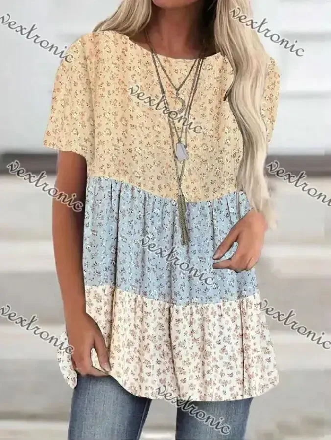 Women Short Sleeve Scoop Neck Floral Printed Stitching Top