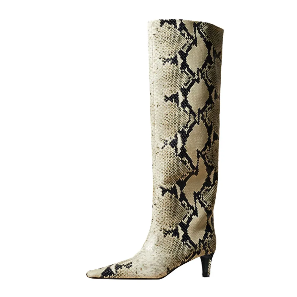 Faux-Leather Square-Toe Kitten-Heel Platform Knee-High Boots