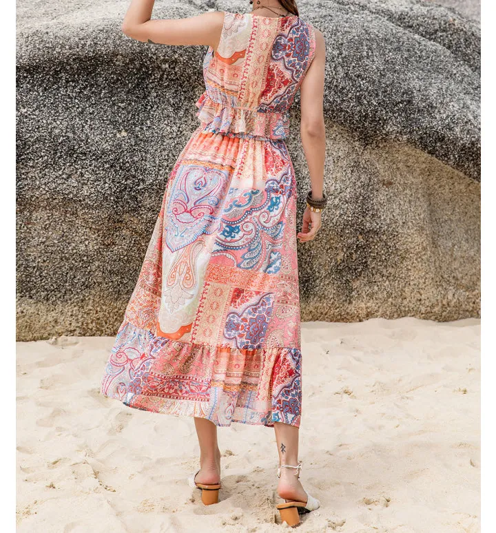 Printed V Neck Top and Midi Skirt Set