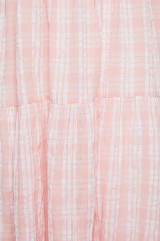 Pink Check Print Shirred Strappy Sundress