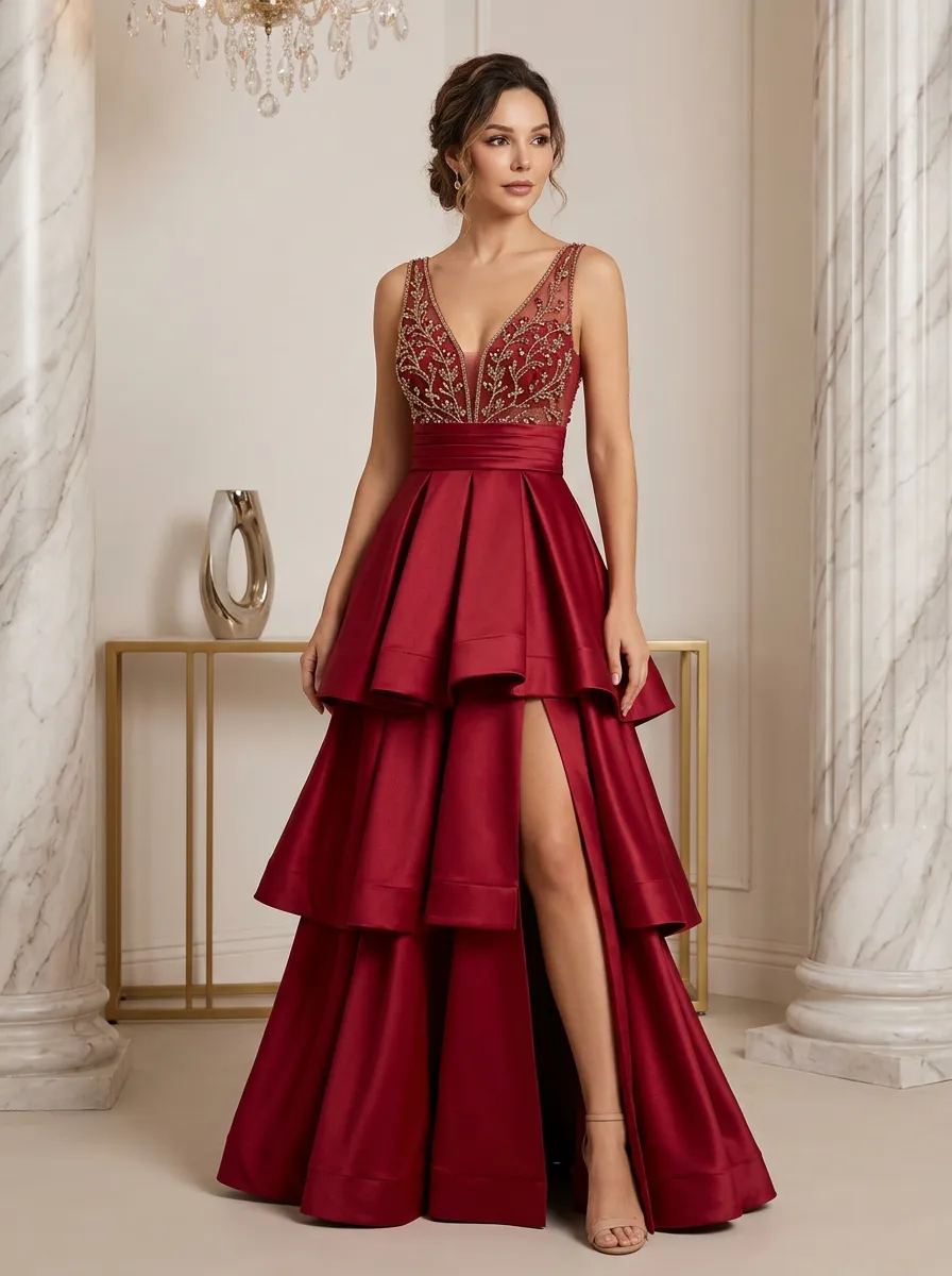 Women's Embroidered Tiered Evening Gown