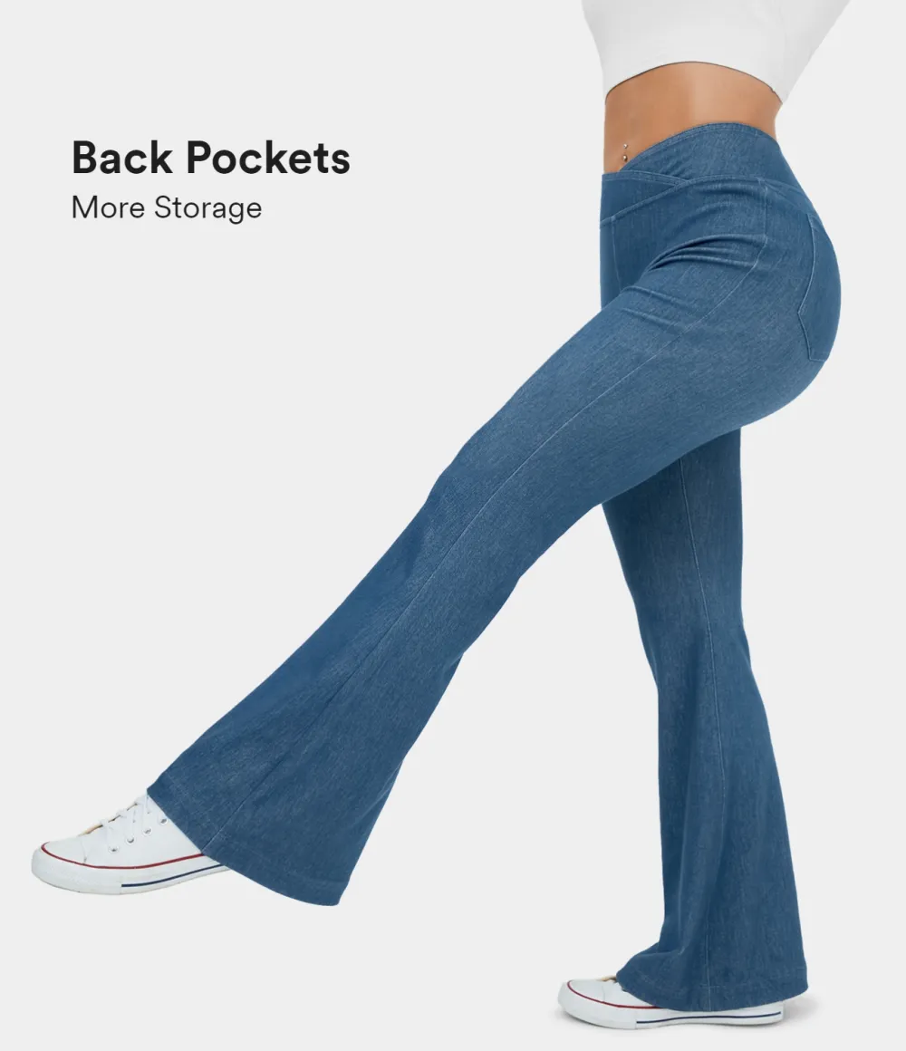 Magic High Waisted Crossover Back Pocket Stretchy Knit Casual Flare Jeans