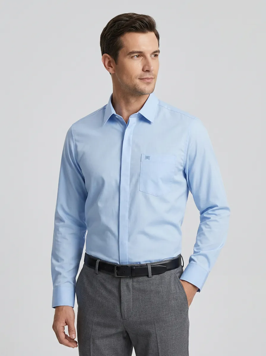 Men's Non-Iron Cotton Light Blue Embroidered Logo Long Sleeve Shirt