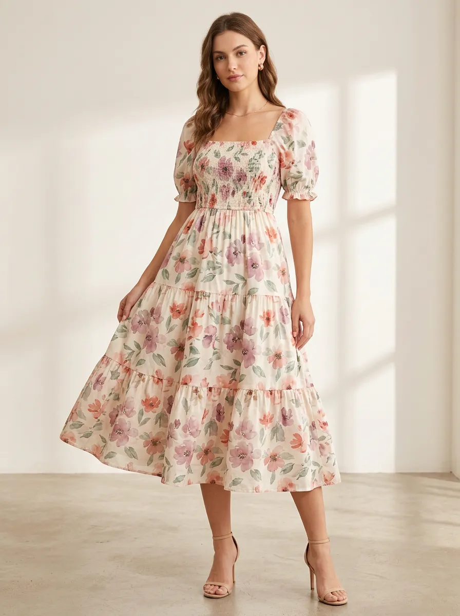 Women's Fluid Floral Garden Smocked Printed Midi Dress