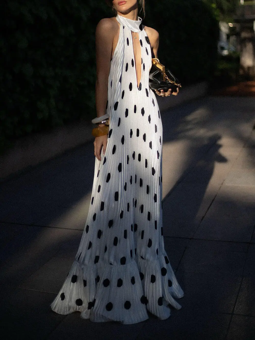 Polka Dot Backless Halter Maxi Gown