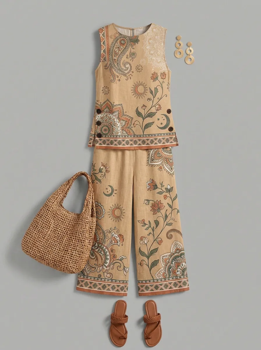Women's Boho Paisley Floral Sun Moon Printed Sleeveless Set