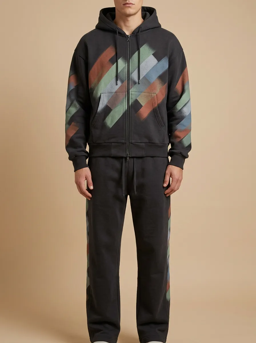 Men's Streetwear Urban Style Spray Paint Stripe Printed Hoodie Tracksuit