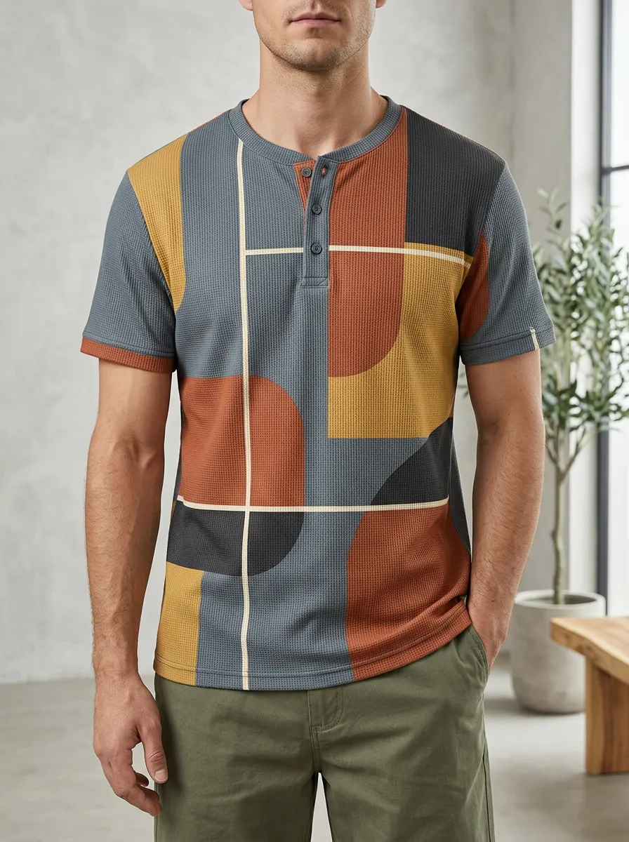 Men's Casual Geometric Abstract Waffle Henley T-Shirt