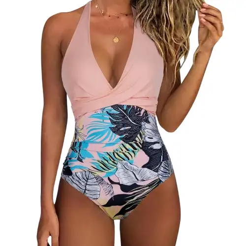  Floral Halter V Neck Ruched Swimsuit Apparel