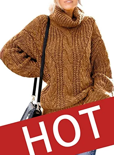 Womens Turtle Cowl Neck Solid Color Soft Comfy Cable Knit Pullover Sweaters S-2XL