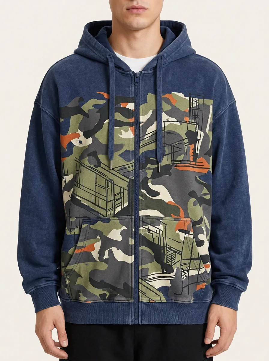 Men's Camouflage Industrial Graphic Printed Zip Up Hoodie
