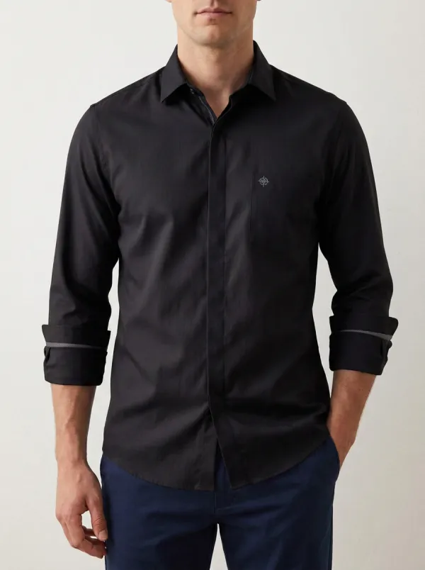 Men's Non-Iron Cotton Compass Logo Embroidered Button-Down Shirt