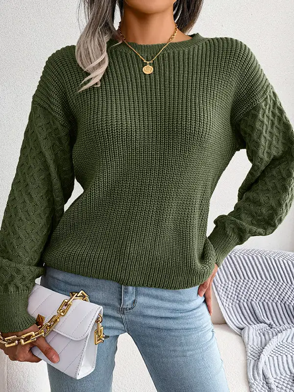 Cable Knit Round Neck Long Sleeve Relaxed Fit Sweater