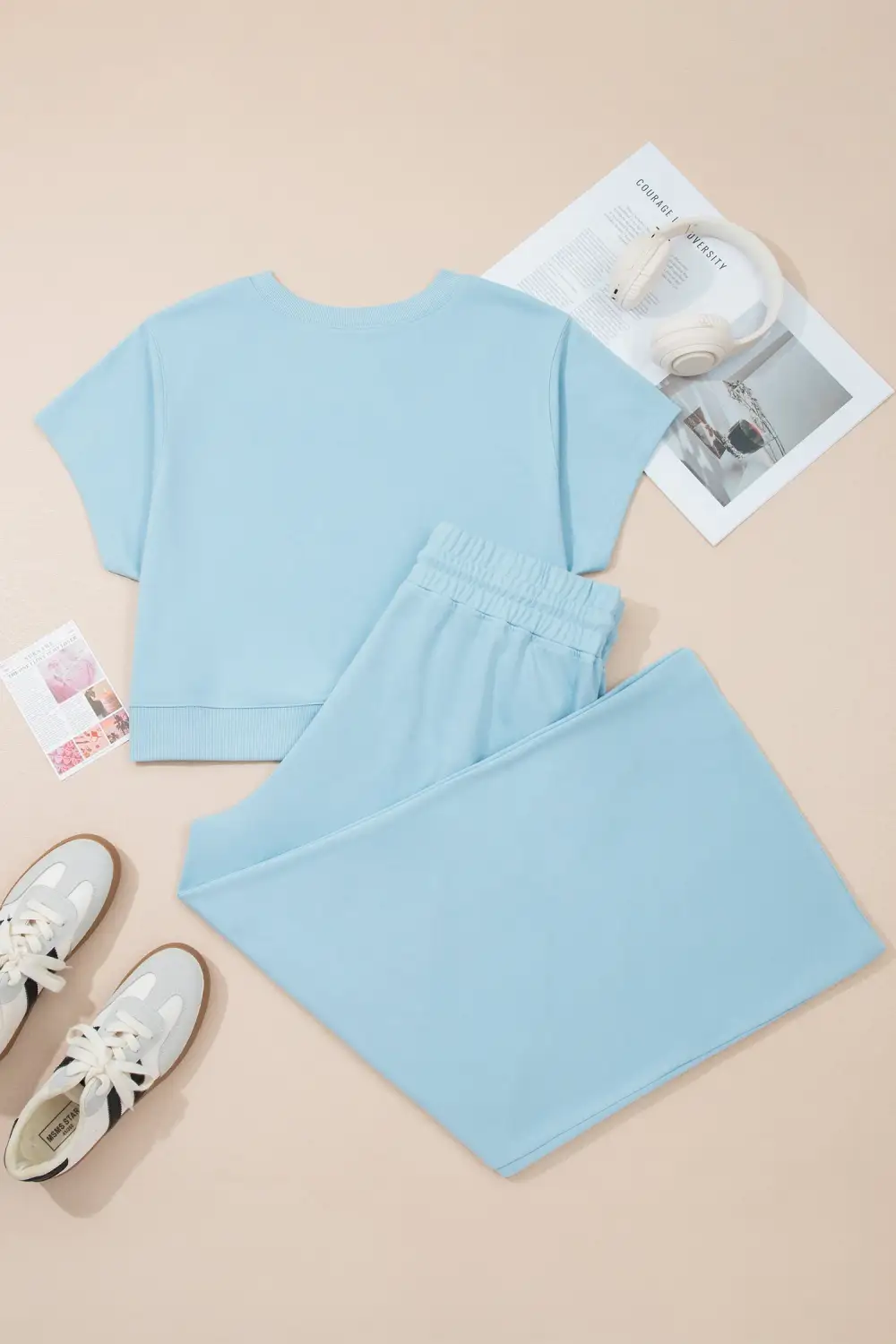 Women's Solid Color Ribbed Trim Short Sleeve Top Drawstring Loose Pants Two Piece Outfit