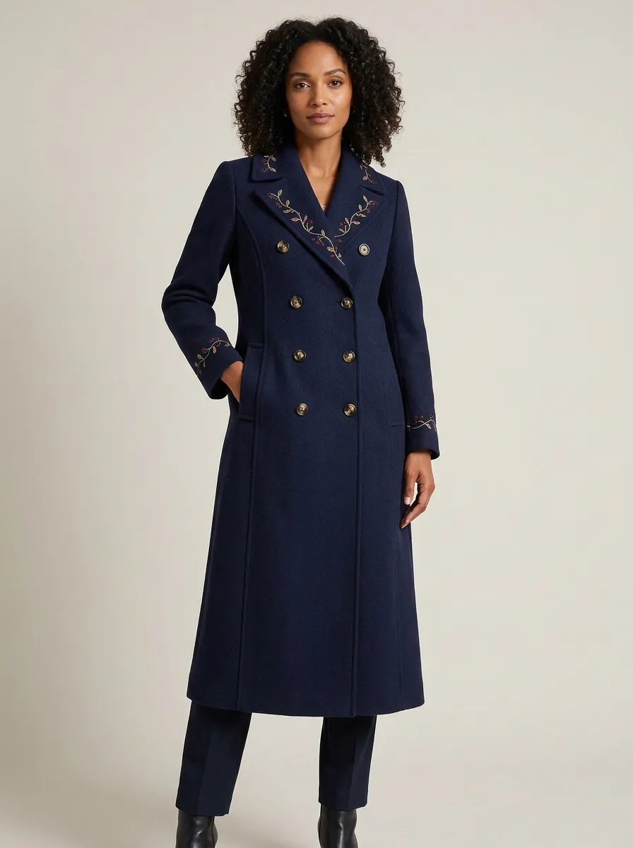 Women's Floral Embroidered Navy Blue Double-Breasted Coat