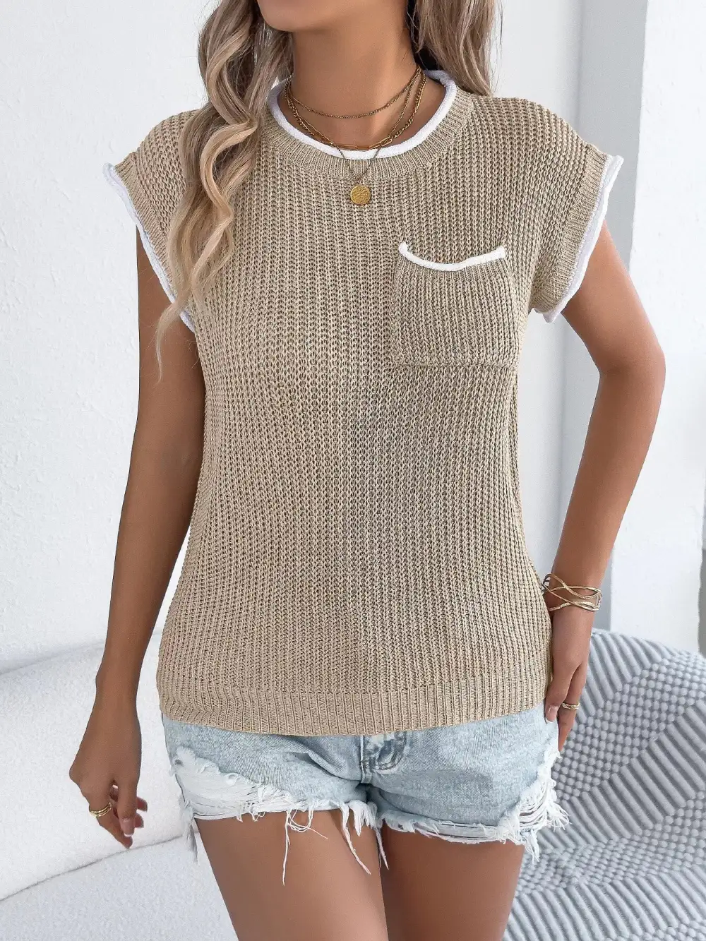 Contrast Trim Round Neck Cap Sleeve Sweater
