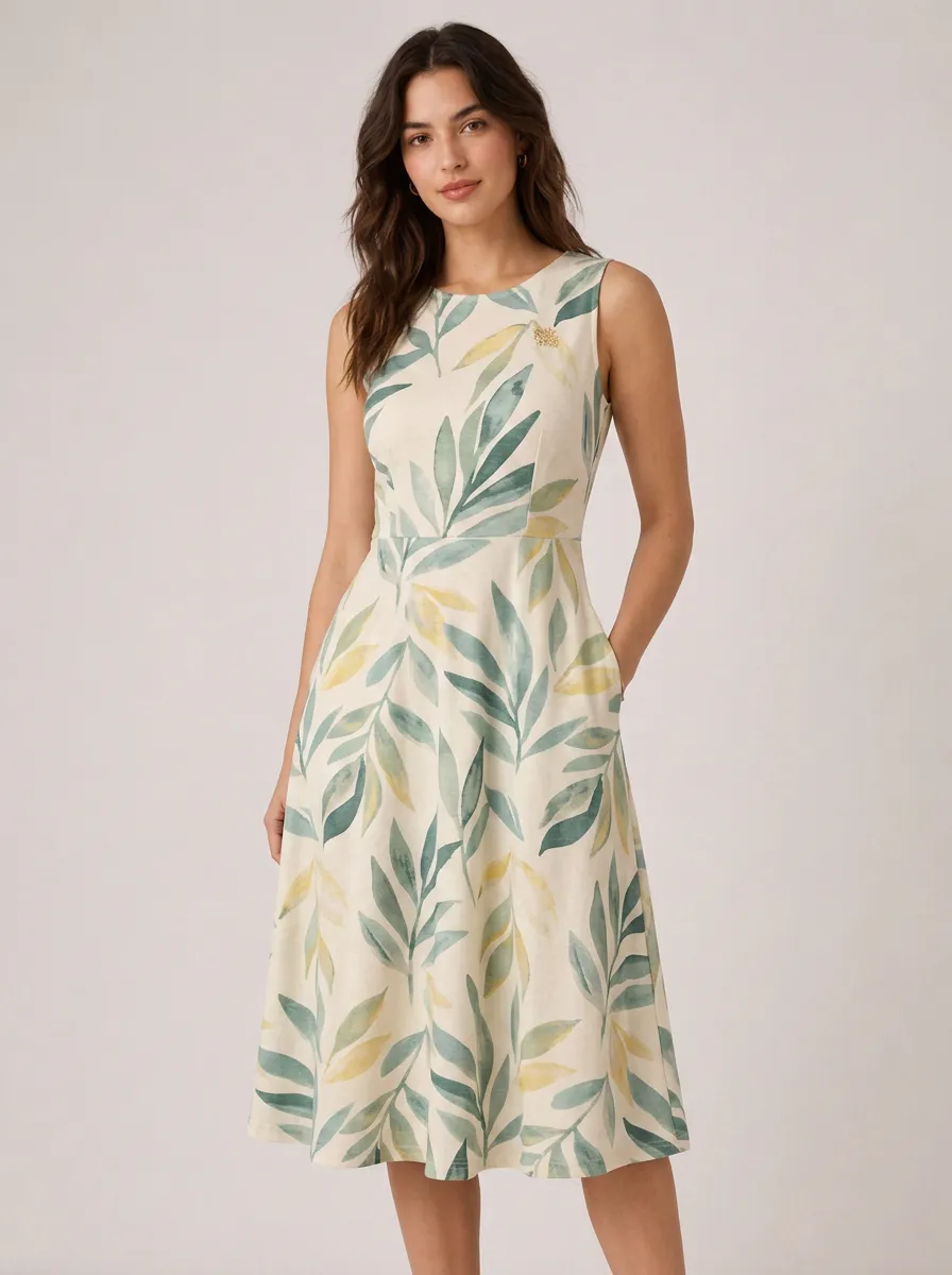 Women's Botanical Nature Lover Green Leaf Printed Sleeveless Dress