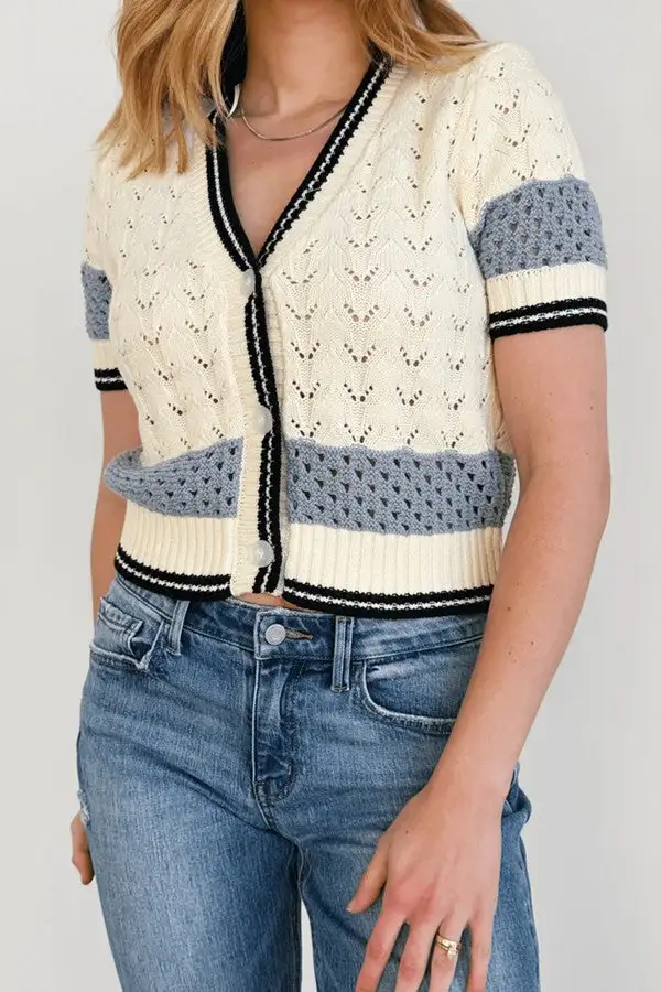 Blue & White Contrast Trim Cardigan