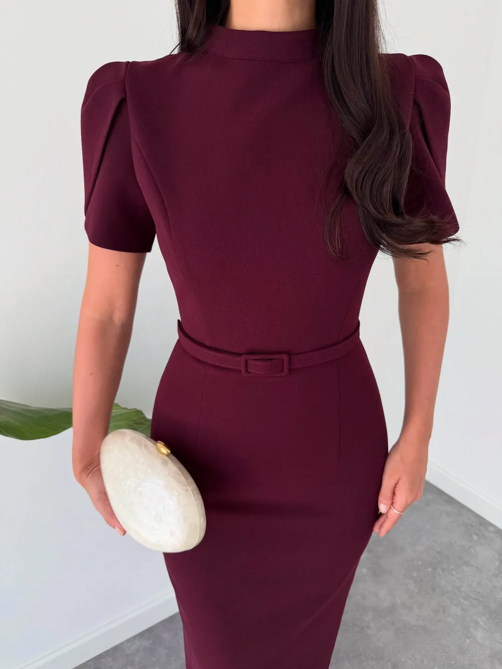 Elegant Stand Up Collar Belted Midi Dress