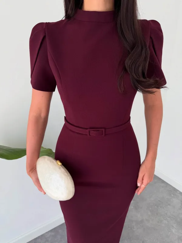Elegant Stand Up Collar Belted Midi Dress