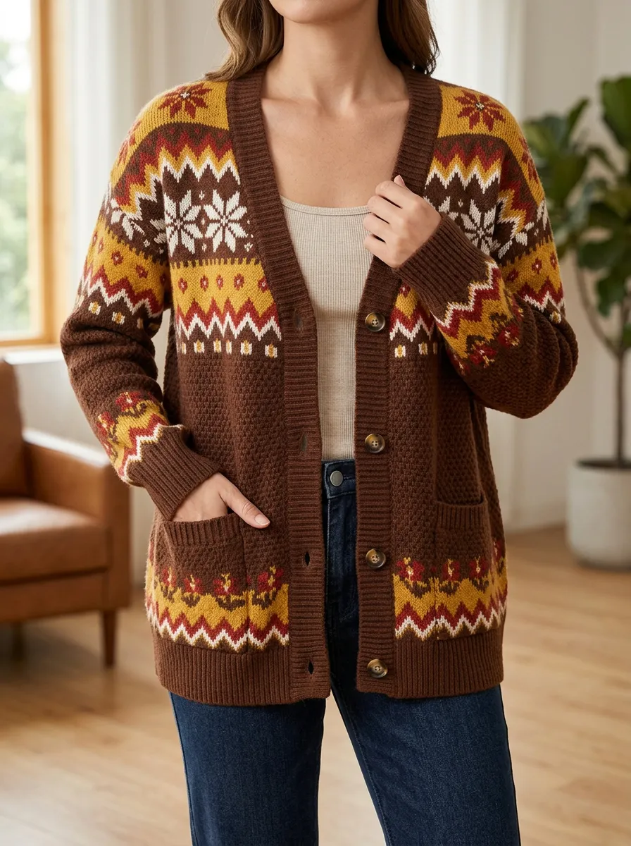 Women's Winter Snowflake Fair Isle Pattern Printed Patch Pocket Casual Layering Cardigan