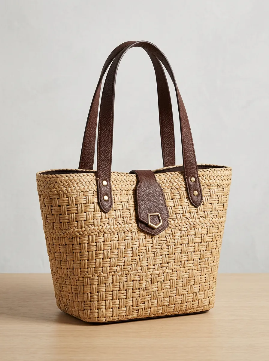 Woven Straw-Style Leather-Trim-Look Women's Tote Bag
