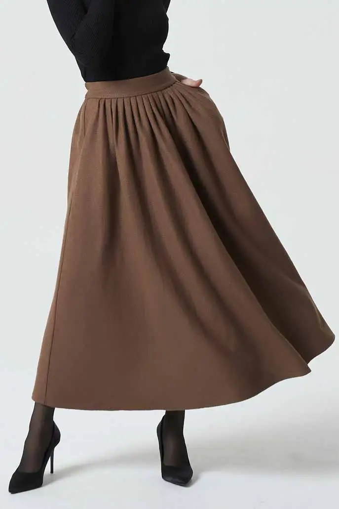 Classic Wool Blend Pleated Elastic Waist Maxi Skirt