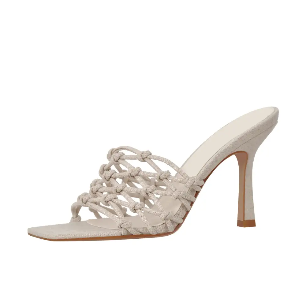 Linen Weave Square Open Toe High Heel Mule Sandals