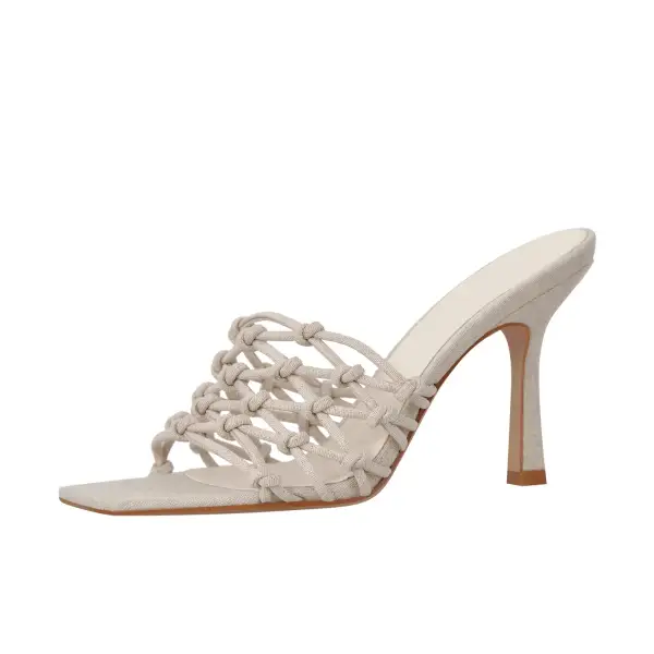 Linen Weave Square Open Toe High Heel Mule Sandals