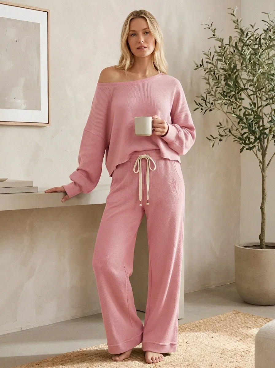 Women's Sage Green Leaf Embroidered Waffle Knit Loungewear Set