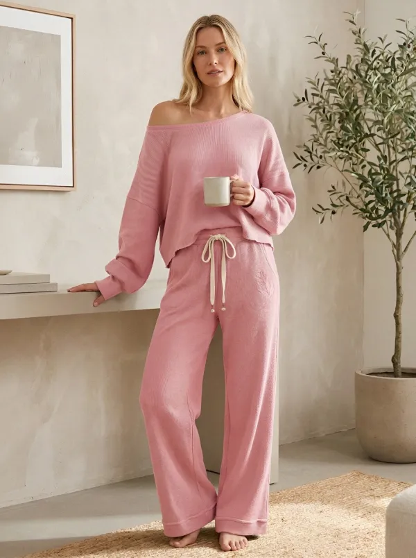Women's Sage Green Leaf Embroidered Waffle Knit Loungewear Set