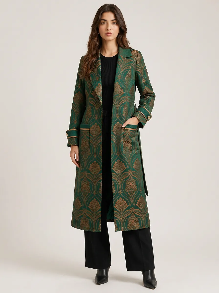 Women's Vintage Floral Damask Pattern Tie-Waist Long Coat