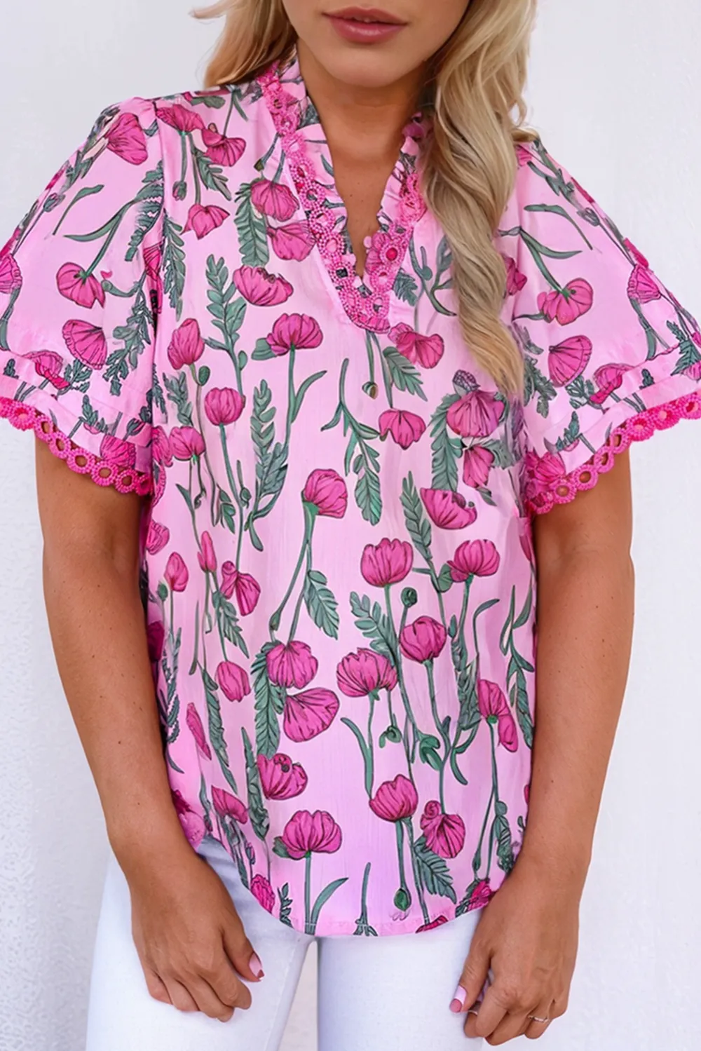 Women's Floral Print Lace Frilled Top