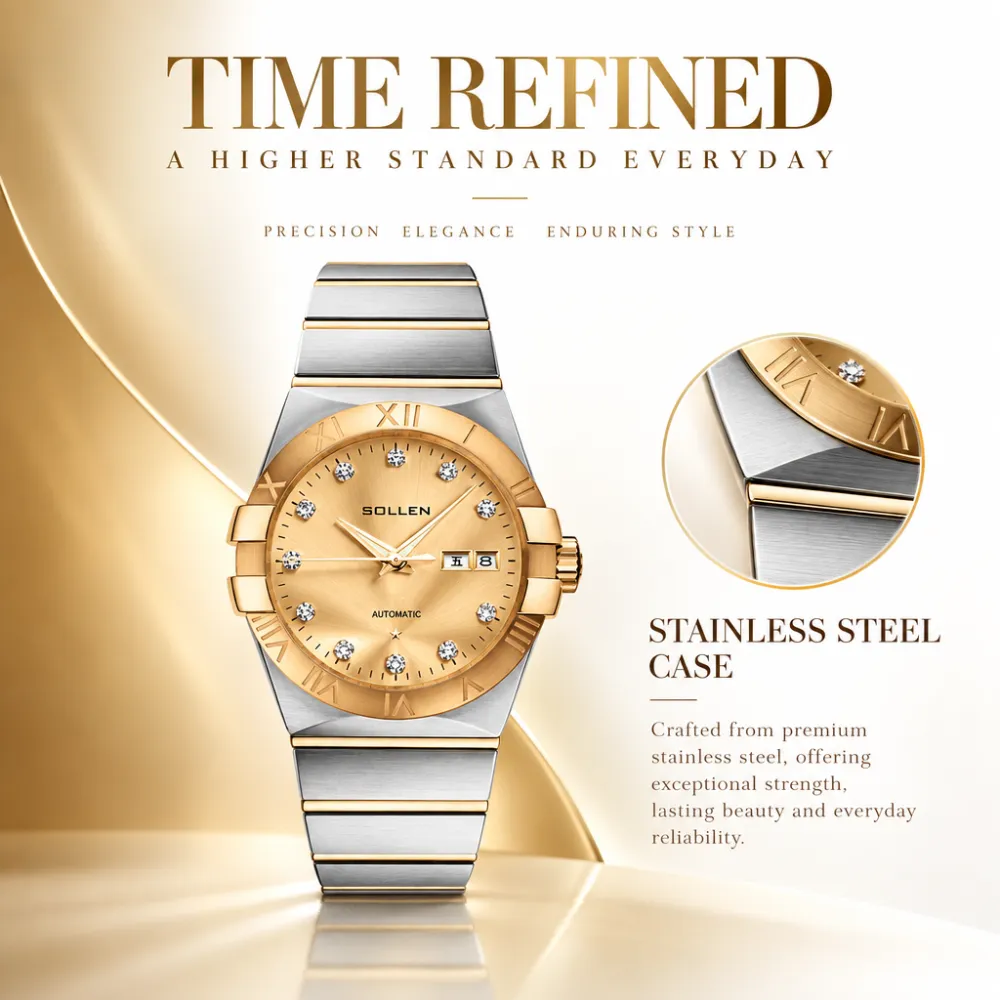 Sollen 9063 Automatic Watch - Men's Dress 12 Crystal Accent Dual Calendar Bamboo Link Steel Bracelet Wristwatch