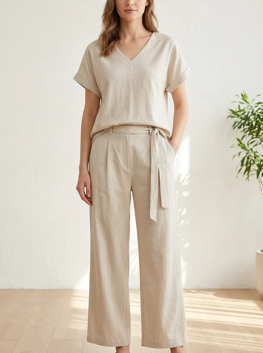 Linen-Blend Women's V-Neck Casual Lounge Set