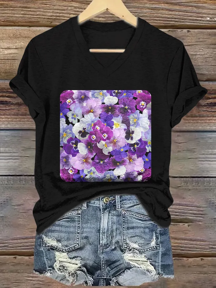 Women's Printed Alzheimer's Awareness V-Neck Short-Sleeved T-Shirt
