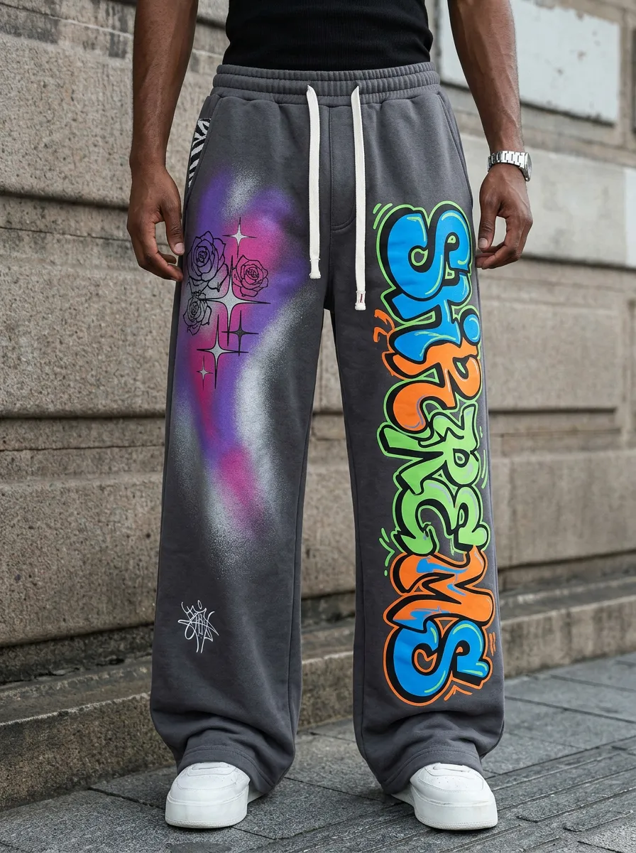 Men's Streetwear Graffiti Rose Star Printed Sweatpants