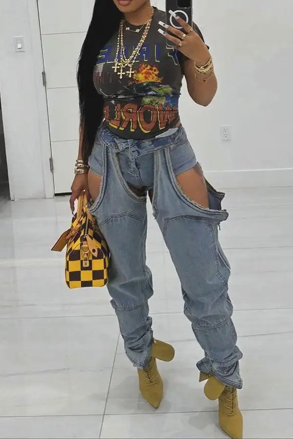 Patchwork Zip-Up Irregular Washed Jeans