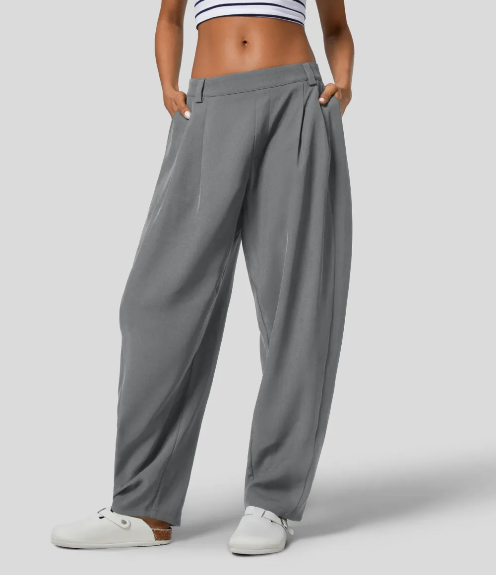 Mid Rise Plicated Side Pocket Barrel Leg Work Pants