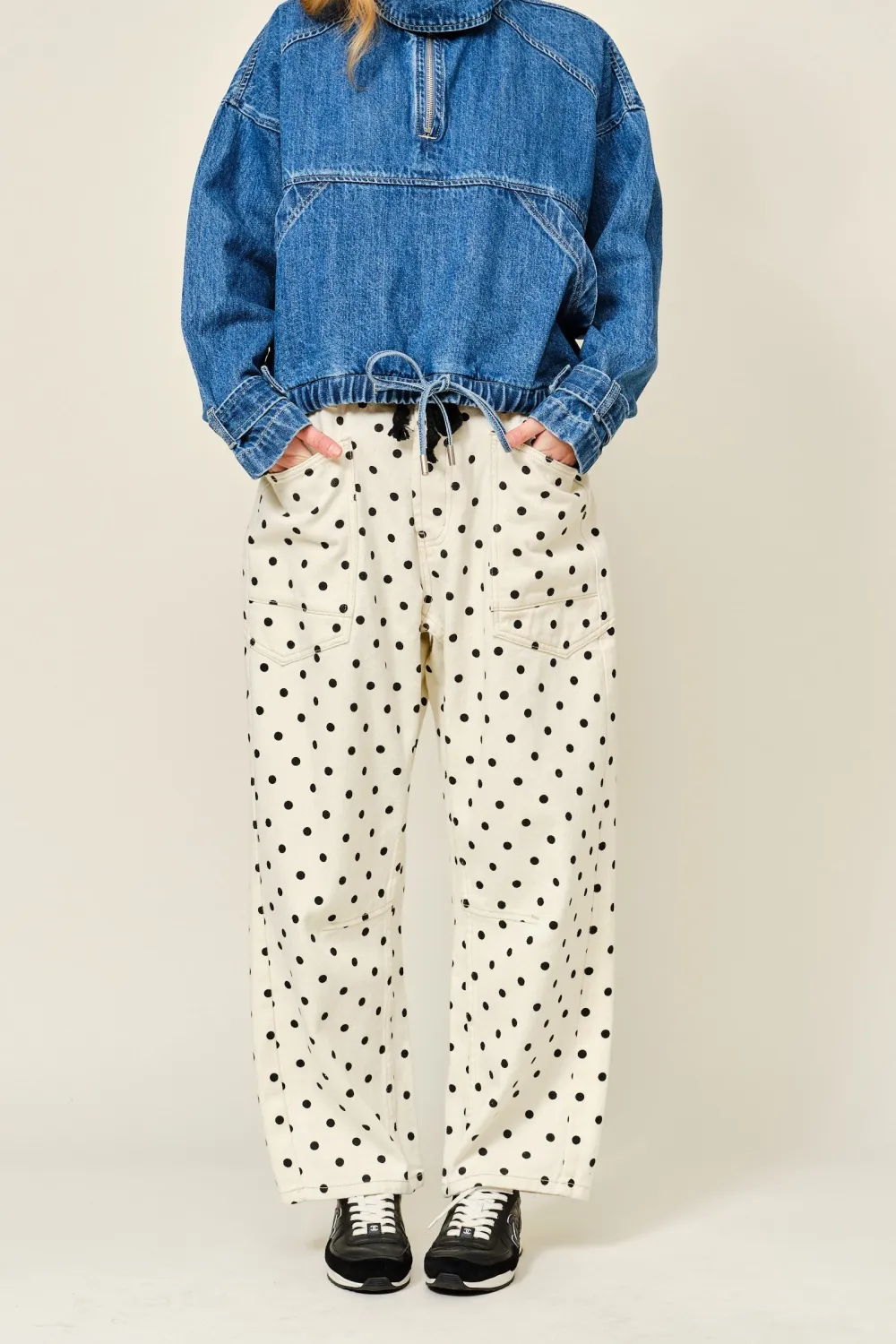 Women's Polka-Dot Eyelet-Waist Barrel Jeans