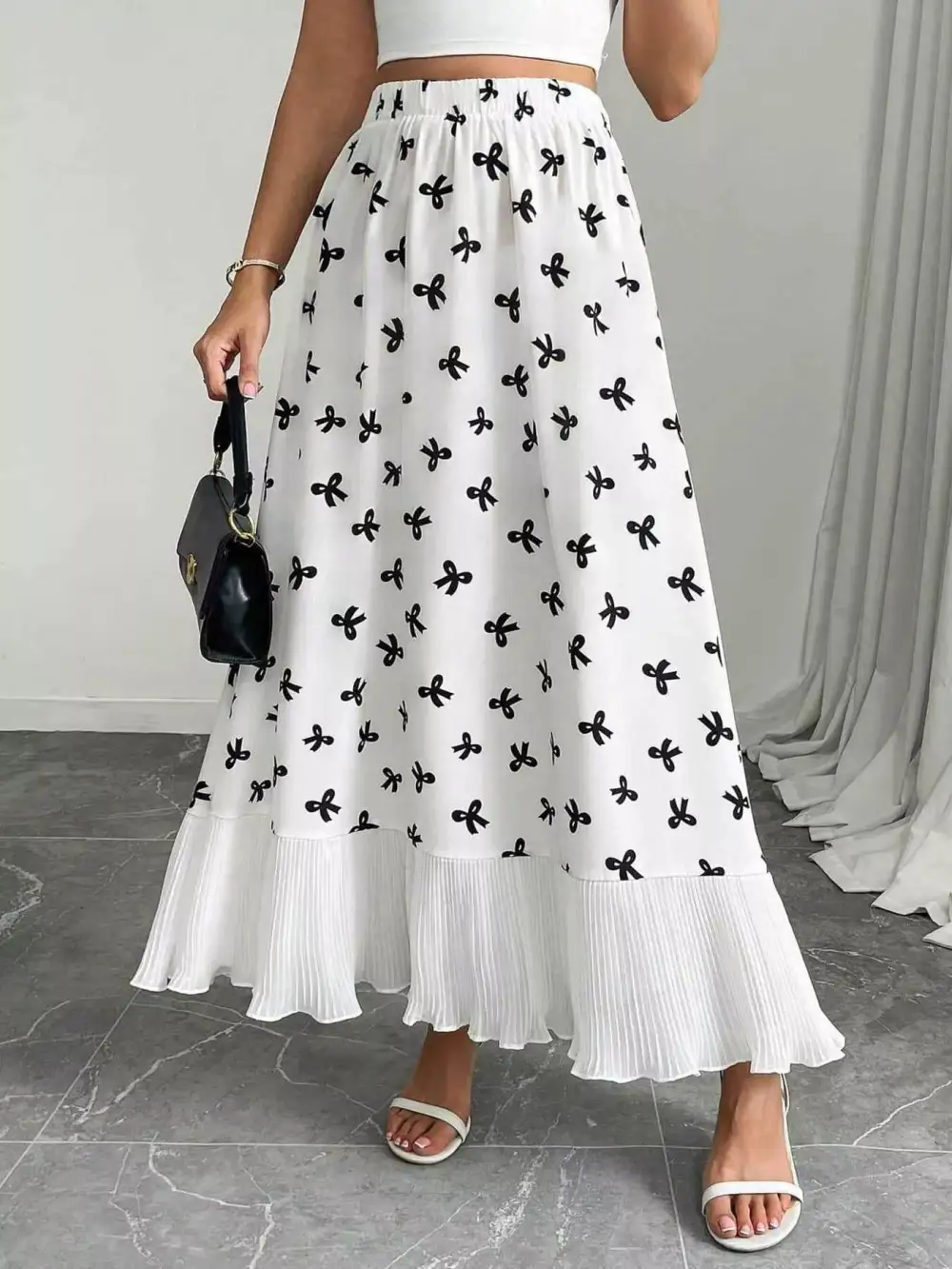 Bow Print Ruffle Hem Flowy Maxi Skirt