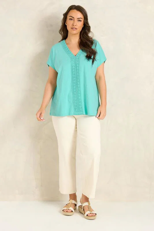 Aqua Blue Cotton Crochet Trim Top detail 1