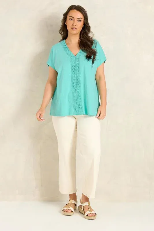 Aqua Blue Cotton Crochet Trim Top