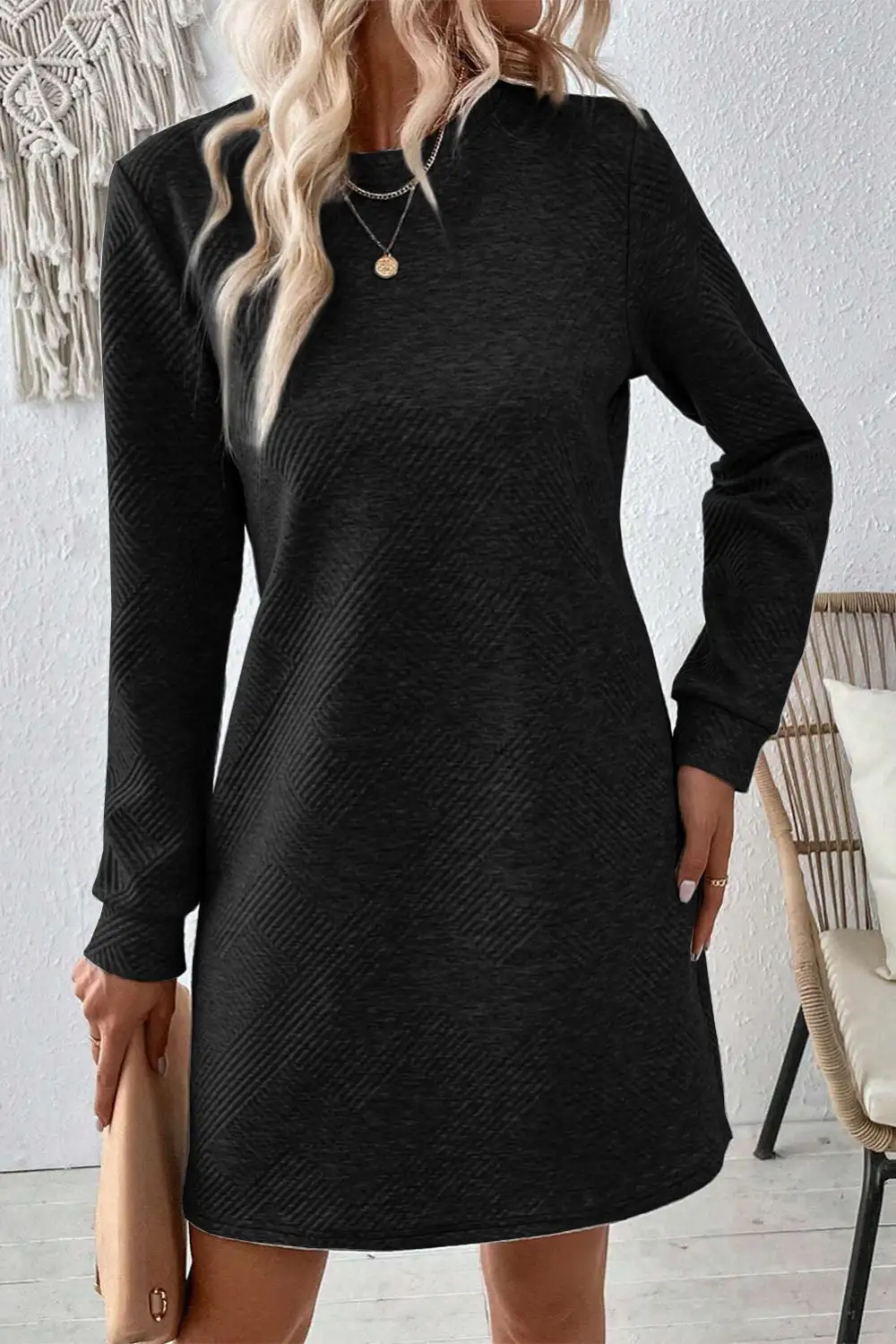 Refined Solid Color Textured Long Sleeve Shift Dress