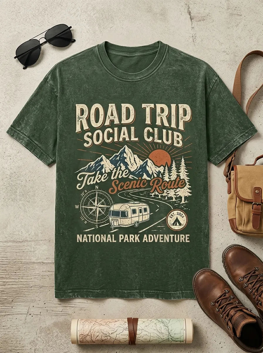 Unisex Road Trip Camper Mountain Printed T-shirt